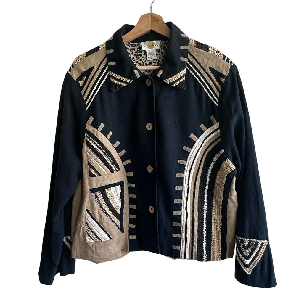 VTG Sandy Starkman Jacket Sz XL  Crochet Embellished Cotton Linen Button Boho